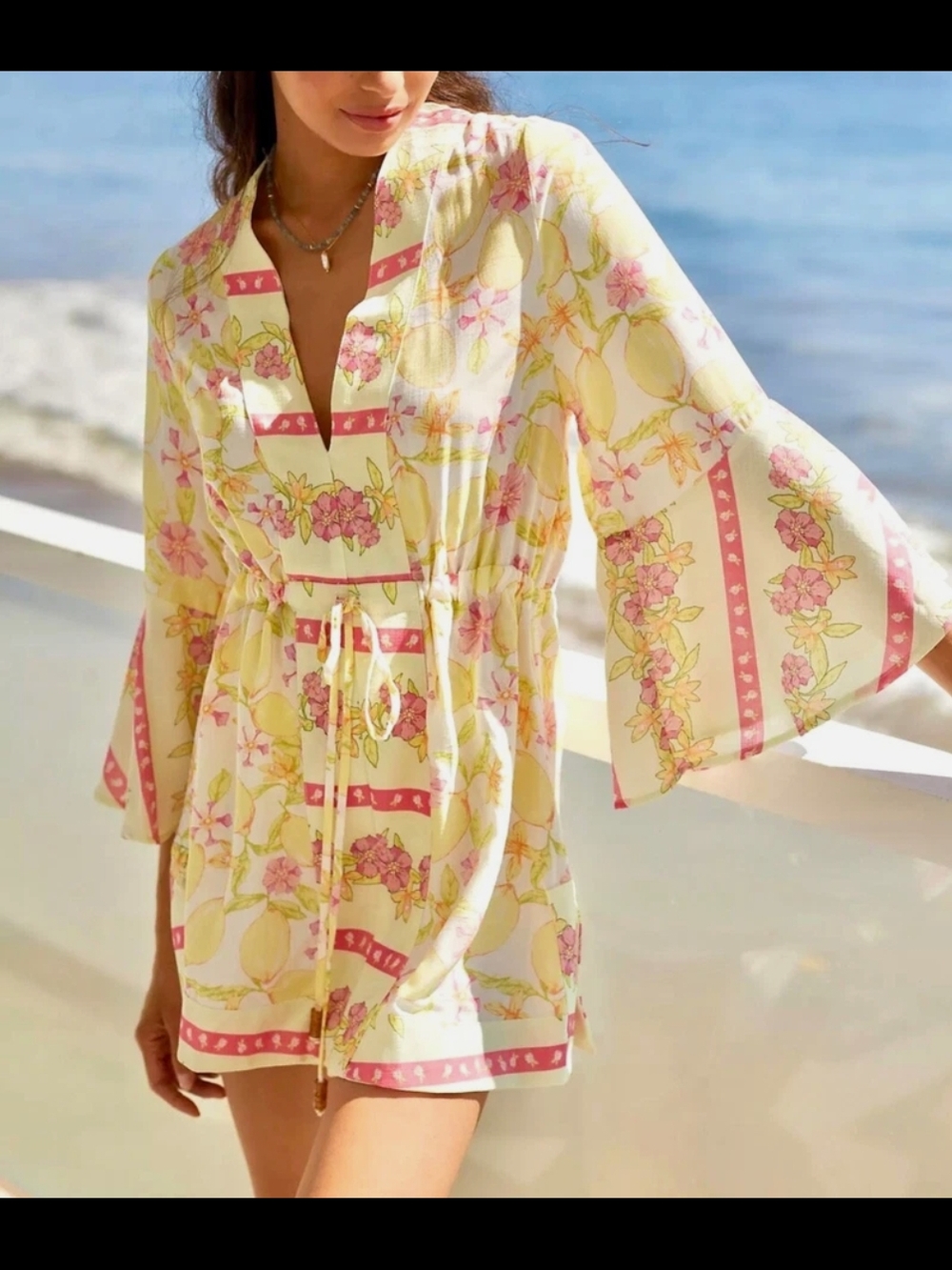 Floral Lemon Print Beach Tunic - Yellow & Pink